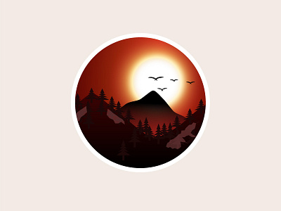 Sunset Illustrate birds dark color theme mountains pine trees sun set illustration