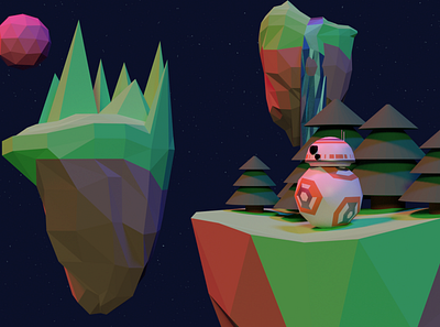 Low poly droid world 3d 3d art blender blender3d dark droid flyingisland island islands robot space stars starwars trees video game videogame videogames waterfall