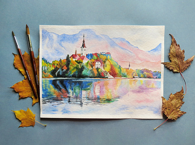 Landscape watercolor architecture beautiful landscape freehand drawing lake picture scenery sight watercolor