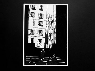 Sunny street. Graphic arts architecture black and white drawing city graphic arts markers picture street sunny day