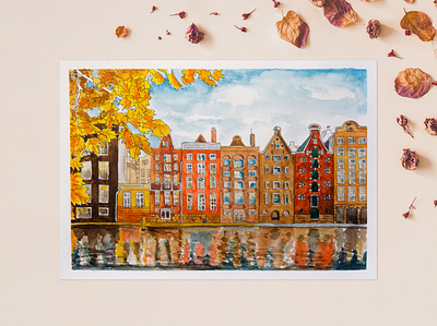 Autumn in Amsterdam autumn city city ​​sketch cityscape embankment freehand drawing graphic arts illustration leaves liner picture scenery sketch travels water watercolor