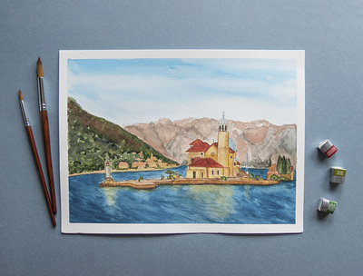 Montenegro watercolor architecture bay freehand drawing illustration nature picture sea water watercolor