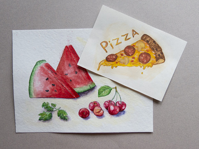 Favorite food berries cherry food freehand drawing graphics illustration liner merry pizza sketch watercolor watermelon