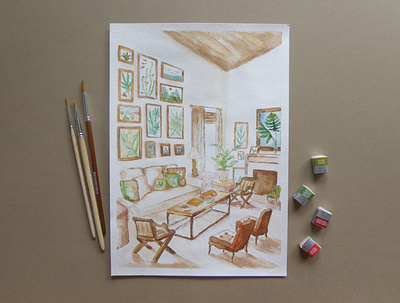 Interior freehand drawing illustration interior picture watercolor