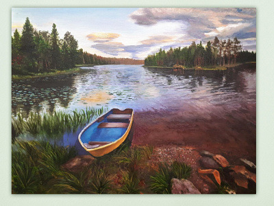 Landscape with a boat boat forest freehand drawing illustration lake nature painting picture scenery sky summer sunset texture trees water