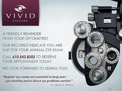 Vivid Eyecare - App Reminder Postcard - 1 eyecare mail optometry phoropter postcard print