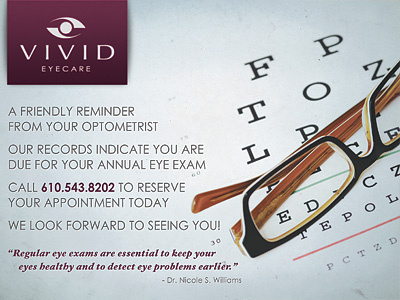 Vivid Eyecare - App Reminder Postcard - 3 eye chart eyecare glasses mail optometry postcard print