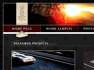 Portfolio V4 Homepage Nav black dark grey grunge navigation parchment pattern portfolio red teaser website