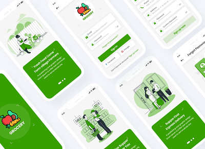 Grocery Delivery Mobile App UI Template agriculture android delivery eatables ecommerce app electronics food delivery fruits grocery grocery delivery home kitchen ios kit market mobile app nuts online organic shop