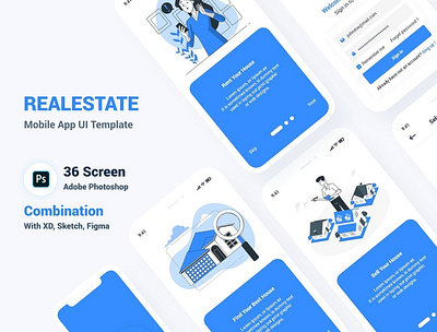 Real Estate Mobile App UI Template apartement blue booking buy clean customizable dark design elements figma flat golden home ios iphone 11 mobile app realestate ui uidesign ux