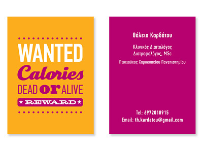 Wanted Calories nutritionist card condensed type copywriting diet dietologist dietology fuchsia nutrition nutritionist card typography wanted calories weight control yellow