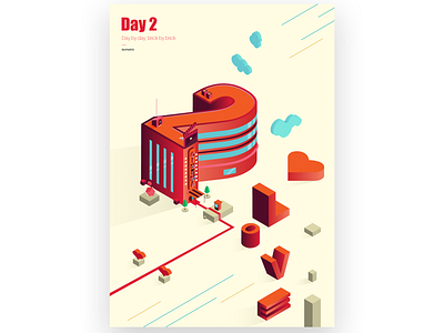 Day by day, brick by brick - 2 2 2nd cinema clouds design illustration illustrator isometric love movies red vector