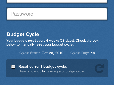 Budget Cycle blue cycle reset settings spendly