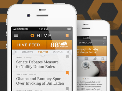 Hive News Application app austin bookmark brand development branding clean colors design feed handsome handsomemade hive interactive interface interface design ios iphone mock up news obama photo simple ui user experience ux weather weather app yellow