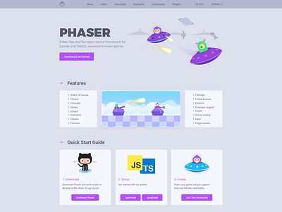 Phaser.io Redesign game engine landing page redesign ui web