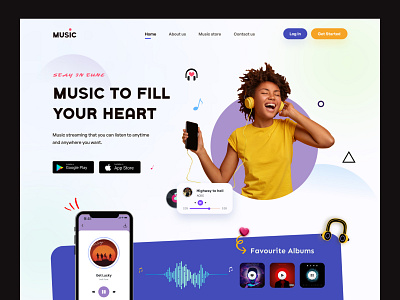 Music Landing Page Concept UX-UI Design android branding effect figma headphone hero section interface ios landing page minimalist mobile mockup music music app podcast streaming ui ux web design website