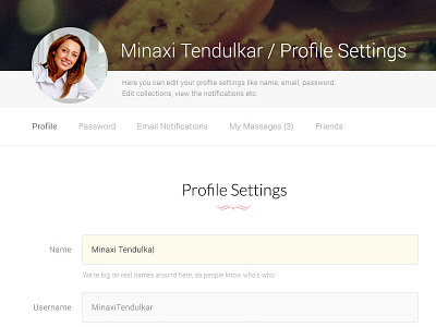 Profile Settings Page - WeLoveRecipes web UI design project account community design food layout page profile settings recipe settings sharing web