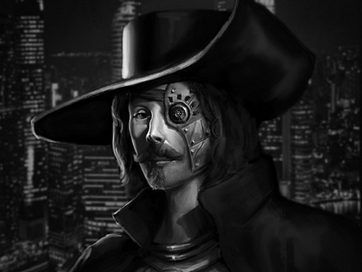 Grayscale futuristic pirate. characterdesign digital painting digitalart fantasy illustration