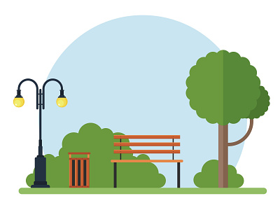 TREE BENCH LAMP AND TRASH CAN IN THE PARK background basket bench can collection ecology environment flat furniture lamp object park relaxation rubbish set streetlight trash tree vector wood