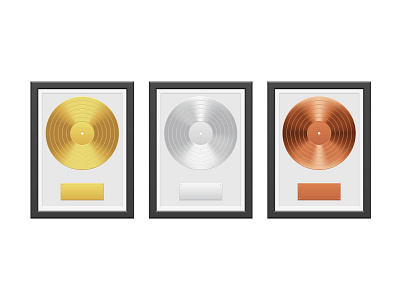 Gold, silver and bronze vinyl record with black frame album art bronze dance disk gold gramophone hit industry isolated record retro shiny silver single trophy tune vector vinyl