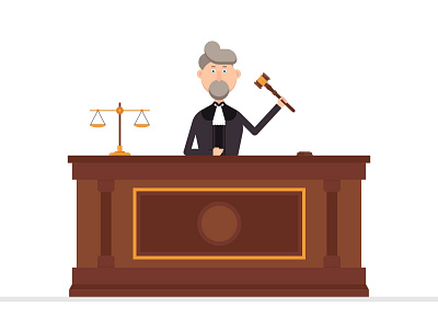 Judge character in courtroom with gavel in his left hand