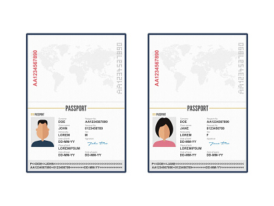 MALE AND FEMALE PASSPORT citizen citizenship document emigration female id identification identity international legal male official pass passport person personal photo vector visa