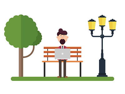 MAN WORKING ON THE BENCH IN THE PARK bench cartoon character computer flat freelance gadget illustration laptop man nature online park people technology tree vector worker workplace