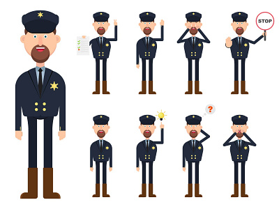 SERIFF CHARACTER IN DIFFERENT POSITIONS AND EMOTIONS angry character cheerful different emotional emotions expression facial figure male pointing policeman sheriff situation smiling standing stop surprised think up
