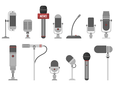 SET OF DIFFERENT MICROPHONES audience broadcasting communication concert equipment icon microphone music musical object old radio record sing sound speak stage studio technology voice