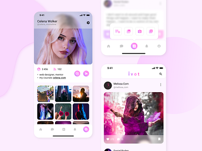 IVOT - SOCIAL MEDIA app design fab feed freelance glassmorphism mobile mobile app pink profile social media ui ui designer ux ux designer vector