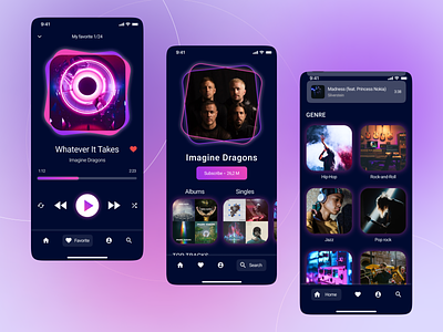 Music Player App app dark theme design gradient mobile mobile app music music app music player pink player app ui ux