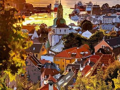 Skivebakken på Bergen i Norge bergen cities city view cityscape europe graphicdesign graphics hill houses illustration illustration art illustrator norway norwegian scandinavia scandinavian sunset vector illustration