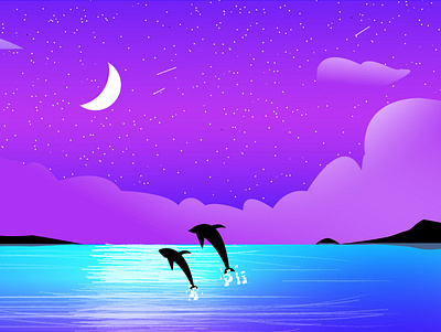 Night Time In The Sea flat illustration vector