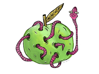 fresh apple apple art character comic creepy cute food illustration iradorn procreate worm