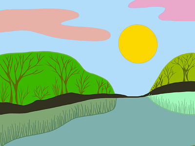 sunset over the river bay abstraction bay colorful drawing illustration island lake landscape nature reed river sun sunset trees water