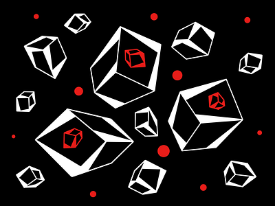 white space shapes, red circles abstraction black circle cube drawing figure illustration red space. square starry sky white