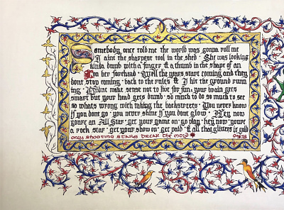 All-Star blackletter calligraphy dragon humor illumination ivy leaves medieval art music song lyrics writing