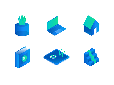 Perks Icons Set book gradient icon set icons illustraion isometric laptop minimal plant pool stairs