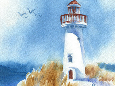 See the sea beach lighthouse sea summer watercolor