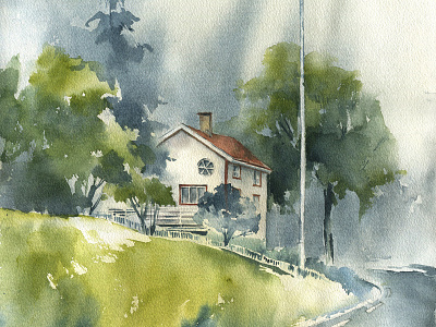Norway architectural landscape cottage house norway trees watercolor