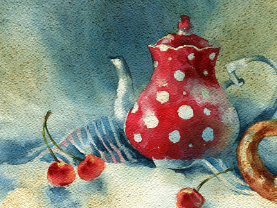 cherry cherries kettle polka summer tea watercolor
