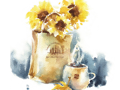Tea seasons - autumn coffee comfort fall flowers still life sunflowers tea watercolor