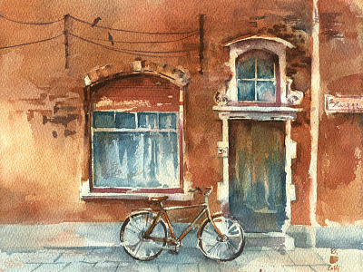 Bruges, Belgium architecture belgium bicycle bruges city door house watercolor