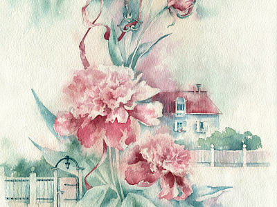 Garden House dreams flowers garden house peonies summer watercolor