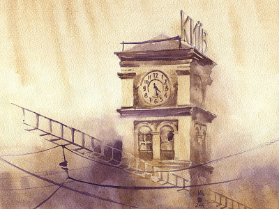 Kyiv architecture building city kiev station tower watercolor
