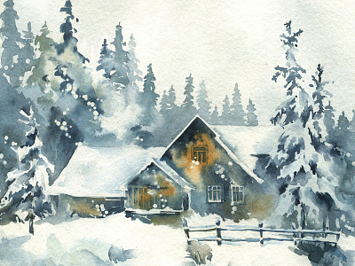 Winter architecture building cottage forest house landscape watercolor winter