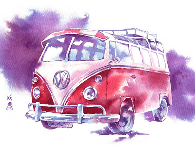 Retro Adventure 02 america bus car retro road romance travel watercolor