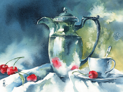 Сherries cherries coffee reflection still life summer watercolor
