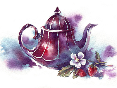 Tea time illustration strawberry summer tea watercolor