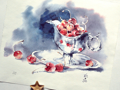 Cherries aquarelle cherries coffee composition decoration flower glare metal reflection still life tea watercolor